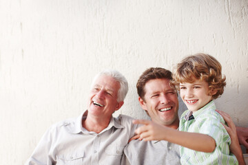 Pointing, family and grandpa, father and child in home for bonding, happy relationship and...