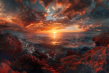 : Panoramic view of a coastline with a fiery sun rising above the horizon. - obrazy, fototapety, plakaty
