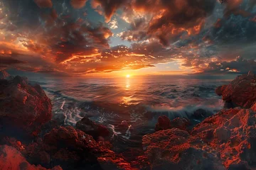 Fotobehang : Panoramic view of a coastline with a fiery sun rising above the horizon. © crescent