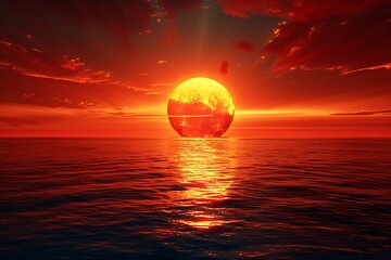 : Panoramic view of a coastline with a fiery sun rising above the horizon. - obrazy, fototapety, plakaty