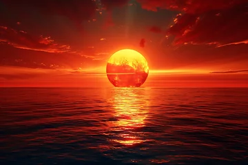 Foto op Plexiglas : Panoramic view of a coastline with a fiery sun rising above the horizon. © crescent
