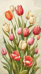 Obraz premium Retro wallpaper with colorful tulips and playful rabbits in a spring garden