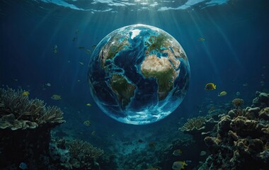 Obraz na płótnie Canvas an Earth globe submerged underwater 