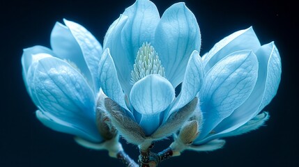 A blue magnolia flower in full bloom against a dark blue background.