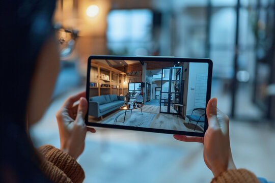 Experience 3D AR app on phone in futuristic living room. Holographic double image from tablet screen adds depth.