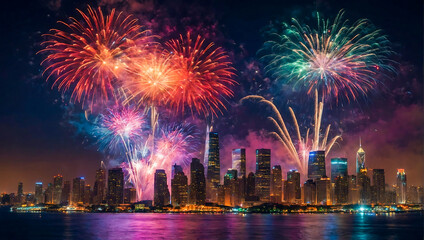 Fototapeta premium Colorful dazzling fireworks display erupting over a city skyline at night