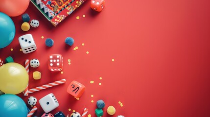Colorful background. April fool's day background. April fool dice background concept. copy space. National Dice Day recognizes an ancient gaming tool - obrazy, fototapety, plakaty