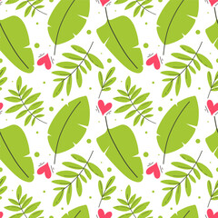 Seamless pattern with bright tropical leaves. Vector illustration in flat style.
