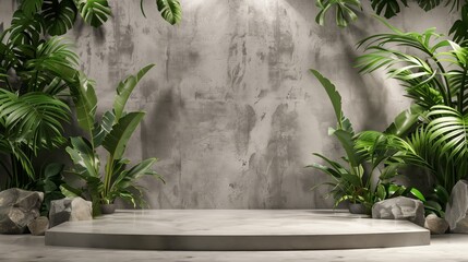 Silver podium with stone pedestal and tropical leaves background. Perfect for cosmetics advertising