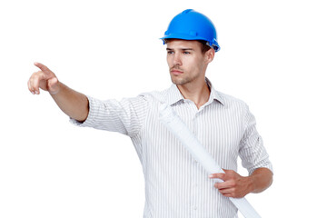 Architecture, pointing and man with blueprint in studio for project management, construction or inspection. Engineering, development or architect with building plan in maintenance on white background