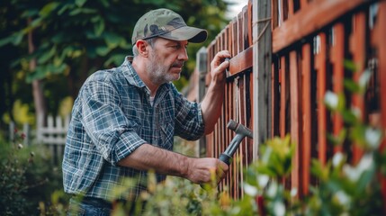 A middle-aged male worker in a baseball cap repairs or builds a new wooden fence
