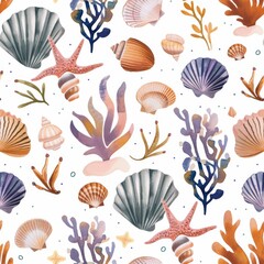 Vibrant Seashell and Coral Pattern on Seamless Background