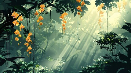 Time worn illustration of a lush rainforest canopy with hanging vines and bright orchids - obrazy, fototapety, plakaty