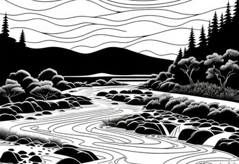 Black and white landscape with river, trees and mountains. Vector illustration.