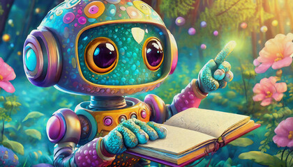 Obraz premium oil painting style CARTOON CHARACTER robot hold a notebook isolated on white background, top view. side front, 