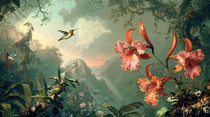 Time worn illustration of wild orchids and hummingbirds in a tropical jungle