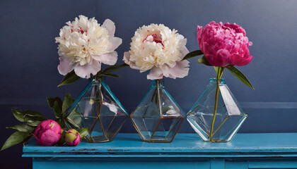 Colorful peony flowers in individual green glass vases above a pastel light blue rustic table.