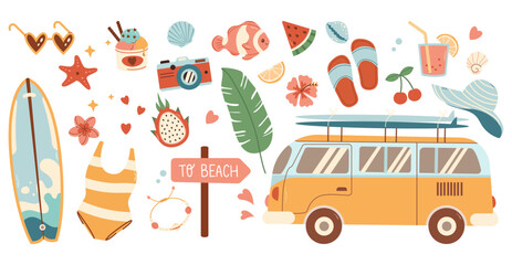 Cute modern Summer vector set for sticker. Icons, signs, banners. Bright summertime poster. Collection elements for summer holiday. Collection of scrapbooking elements for beach party.