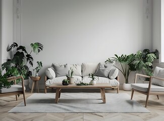 A white living room with plants