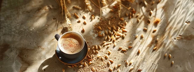 Zelfklevend Fotobehang Barley Coffee and Grains, Rustic Beverage Concept © Stefano