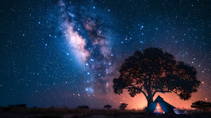 Fototapeta premium Starry Night Sky Over Illuminated and Silhouetted Tree in the Wilderness