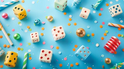 Colorful background. April fool's day background. April fool dice background concept. copy space. National Dice Day recognizes an ancient gaming tool - obrazy, fototapety, plakaty