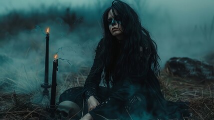 witch sitting on the ground in front of a black candle and a black skull, grass and fog around them.