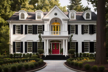 Colonial Style House (Color Pop) - Originated in the 17th century in the United States, symmetrical design with a central front door and evenly spaced windows - obrazy, fototapety, plakaty