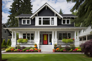 Craftsman Style House (Color Pop) - Originated in the United States in the early 20th century, characterized by low-pitched roofs, exposed rafters, and handcrafted details - obrazy, fototapety, plakaty