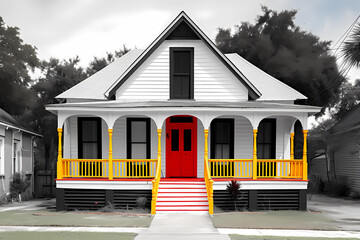 Creole Style House (Color Pop) - Originated in Louisiana in the 18th century, characterized by a raised foundation, steeply pitched roof, and a wide front porch that wraps around the house  - obrazy, fototapety, plakaty