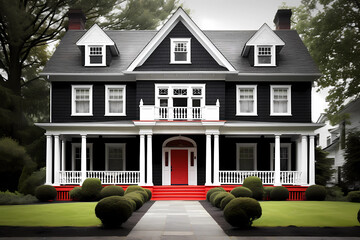 Dutch Colonial Style House (Color Pop) - Originated in the early 18th century in the United States, characterized by a gambrel roof, flared eaves, and a central front door  - obrazy, fototapety, plakaty