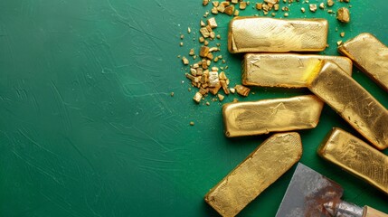 Gold ingots on masonry trowel against green background with place for text. Concept of investing and making a profit from construction business.