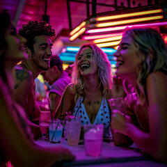 Group of friends having fun and drinking cocktails in a club - 789617256