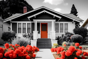 Mission Style House (Color Pop) - Originated in California in the late 18th century, characterized by a simple, rectangular design with stucco walls, red-tile roofs, and arched windows and doorways - obrazy, fototapety, plakaty