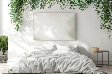 : Scandinavian bedroom, hanging plants, canvas mockup on white wall