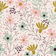 Seamless vector wild flower pattern with pink, green, gold flowers with cream background