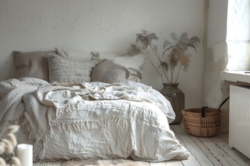 : Scandinavian bedroom, platform bed, fluffy pillows, woven basket on floor