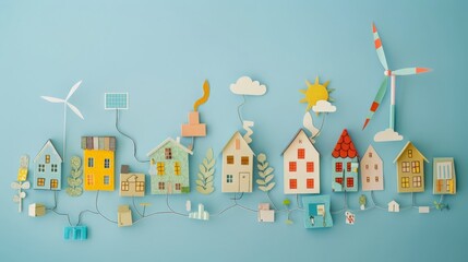 Handcraft houses of different sizes and shapes made of multicolor paper on light blue background. Solar battery and windmill connected to city by cardiogram line symbolizing energy providing. - obrazy, fototapety, plakaty