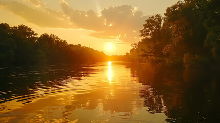 Serene Sunset Over a Tranquil Lake With Reflective Waters