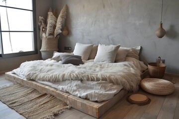 : Scandinavian bedroom, platform bed, fluffy pillows, woven basket on floor
