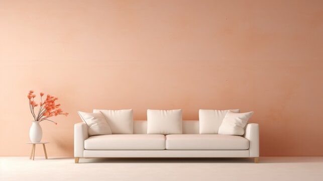 Chic Peach Fuzz Lounge, Discover elegance in 2024's color, peach fuzz, with this minimal luxury lounge featuring a white sofa against a beige wall, beautifully rendered in close-up, high-resolution