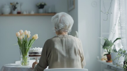 modern grandmother standing with her back near table.