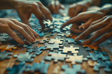 Group of People Assembling Puzzle Together - obrazy, fototapety, plakaty
