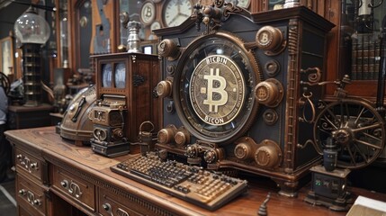 Steampunk computer with glowing green and yellow nixie tubes and a spinning bitcoin.