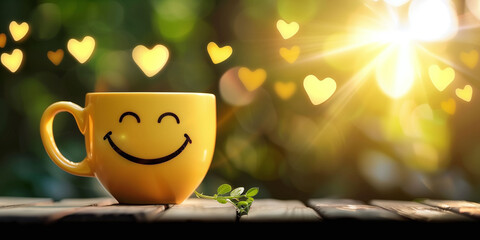 Delightful Morning with a Happy Yellow Mug in Bright Sunlight