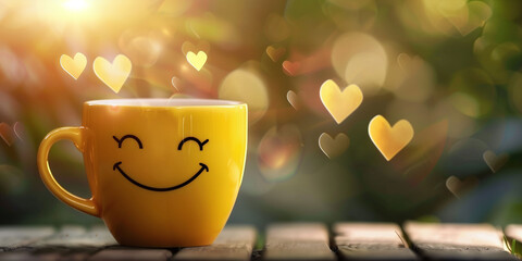 Cheerful Morning Coffee with Smiley-Faced Mug and Heart Bokeh