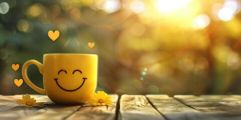 Happy Smiley-Faced Yellow Mug on Wooden Table with Morning Glow