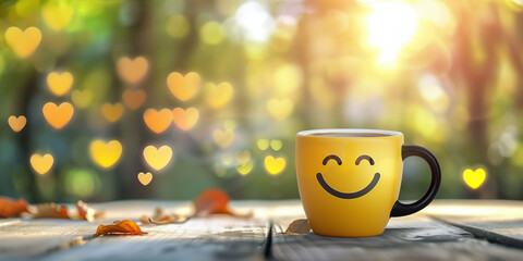 Joyful Morning with Smiley-Faced Yellow Mug Amongst Autumn Leaves