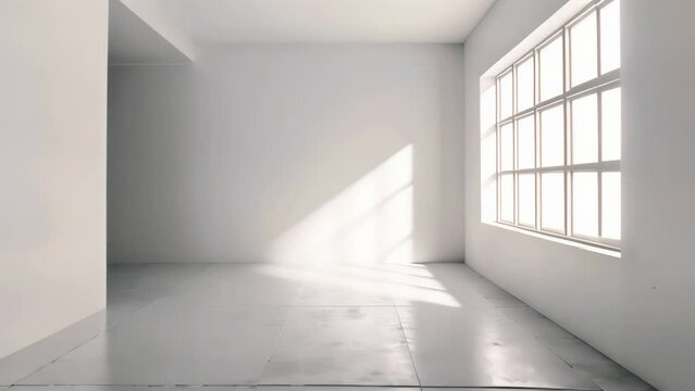 Empty white room with window shadows on glossy floor. Minimalistic interior design with a clean,