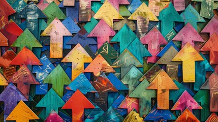 Many colorful arrows pointing in different directions, background - obrazy, fototapety, plakaty